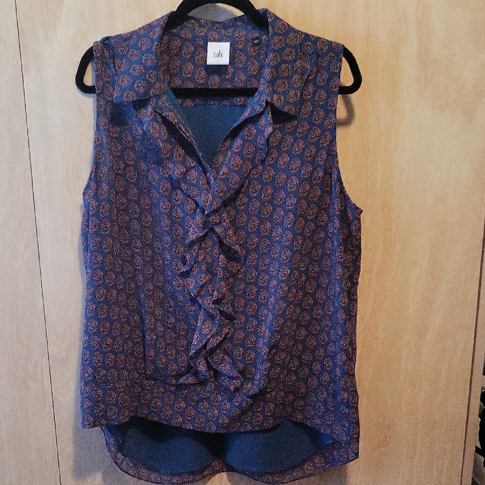 Cabi Deep Turquoise Ruffled Sleeveless Blouse with Notched Collar